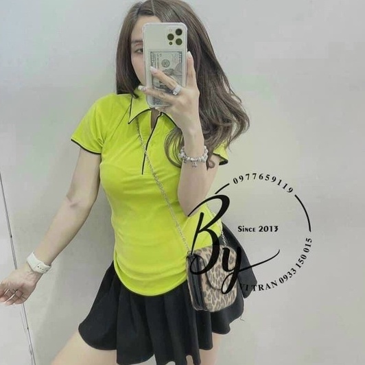 Áo kiểu tay ngắn cổ trụ viền cổ màu cực xinh , chất thun bozip mềm mịn