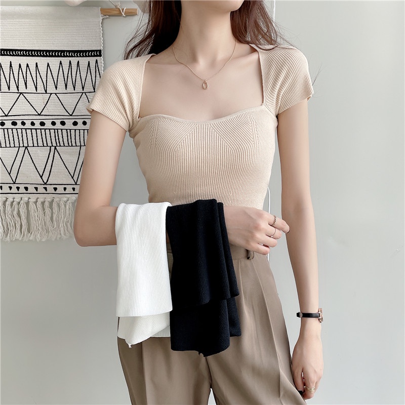 Áo thun nữ Len Sexy Cổ vuông Ngắn tay Retro Ulzzang Hàn Quốc Áo kiểu nữ Phong cách Cổ điển Vintage