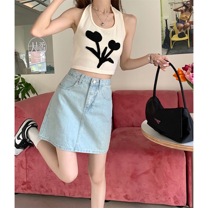 Chân váy jean Chữ A Lưng Cao Thêu Hoa Phong Cách Cổ Điển Thời Trang Mùa Hè Mới Dành Cho Nữ