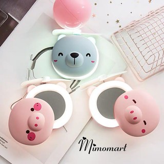 Quạt sạc tích điện mini kèm gương có đèn led 2 màu Xanh_Hồng cute
