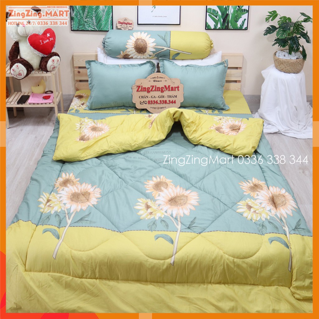(RẺ VÔ ĐỊCH) Bộ chăn phao kèm ga chun và 2 vỏ gối nằm tặng kèm 1 vỏ gối ôm Mẫu Mèo Cốc (chat để chọn mẫu)
