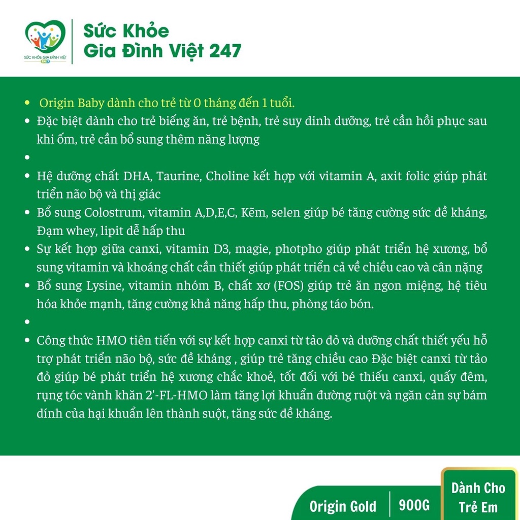 Sữa Origin Gastro - Gold - Baby 900 - Bổ Sung Dinh Dưỡng Phát Triển Toàn Diện Cho Bé suckhoegiadinhviet247
