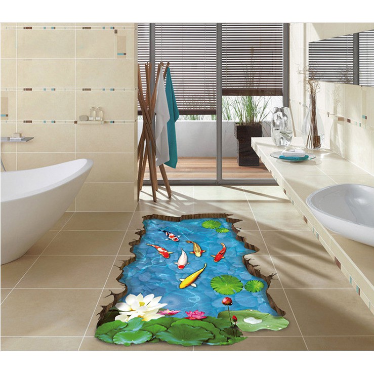 Decal trang trí tường- thảm Hồ Cá KOI lớn 3D hình vuông