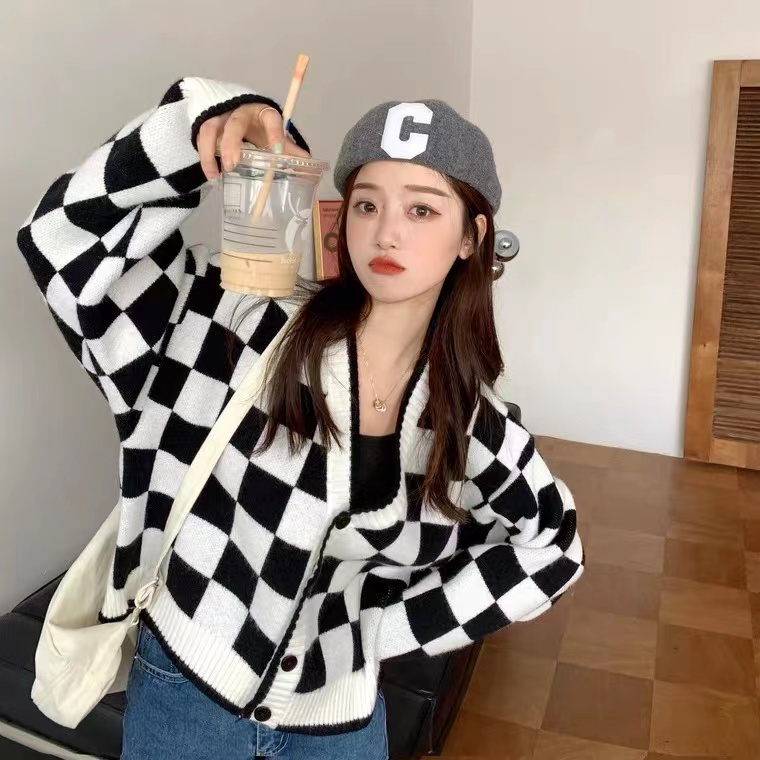 NUZIRO Áo khoác cardigan  dệt kim cổ chữ V dáng rộng họa tiết caro thời trang dành cho nữ