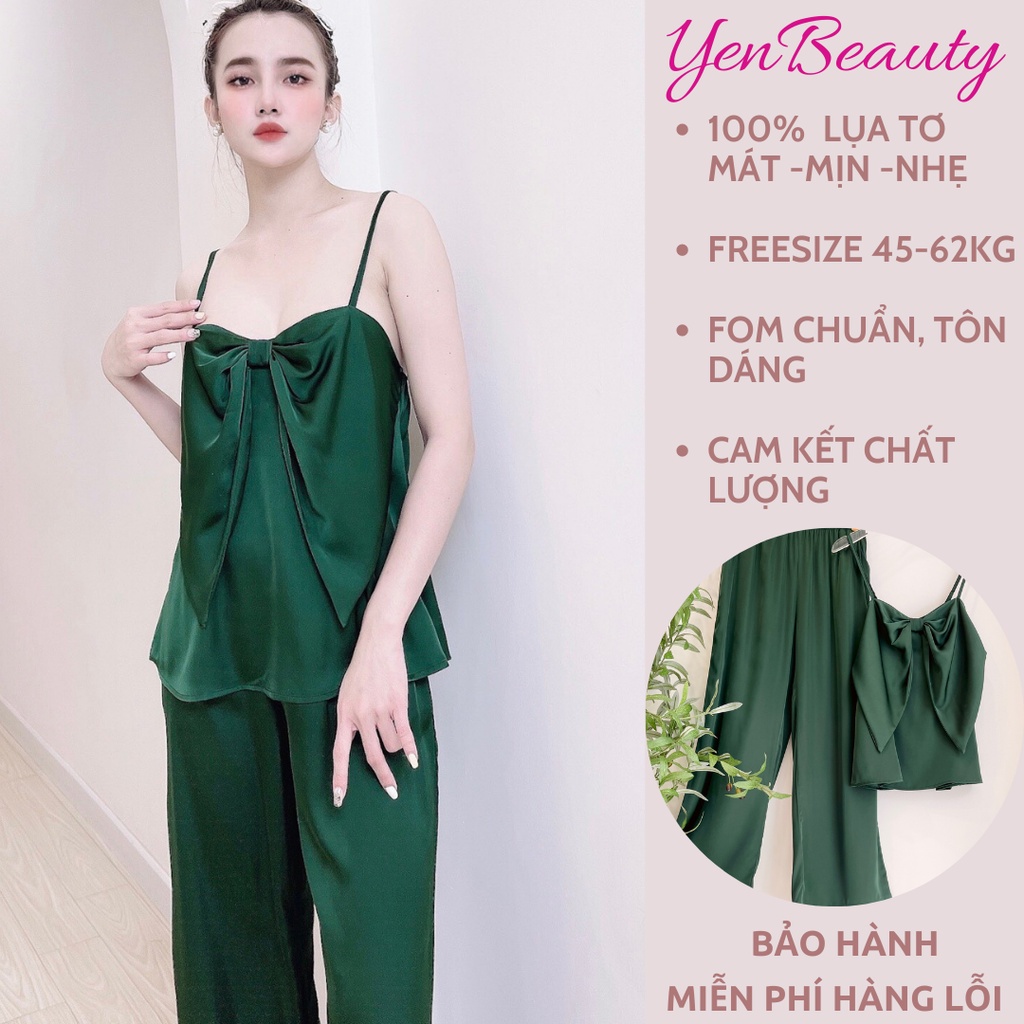 Đồ Bộ Lụa Tơ/Satin Dài Mặc Ở Nhà Nữ BIGBOW- Bộ Ngủ Nữ 2 Dây Nơ Sexy Mặc Nhà Mùa Hè, Bảng Màu Sang Chảnh - YENBEAUTY