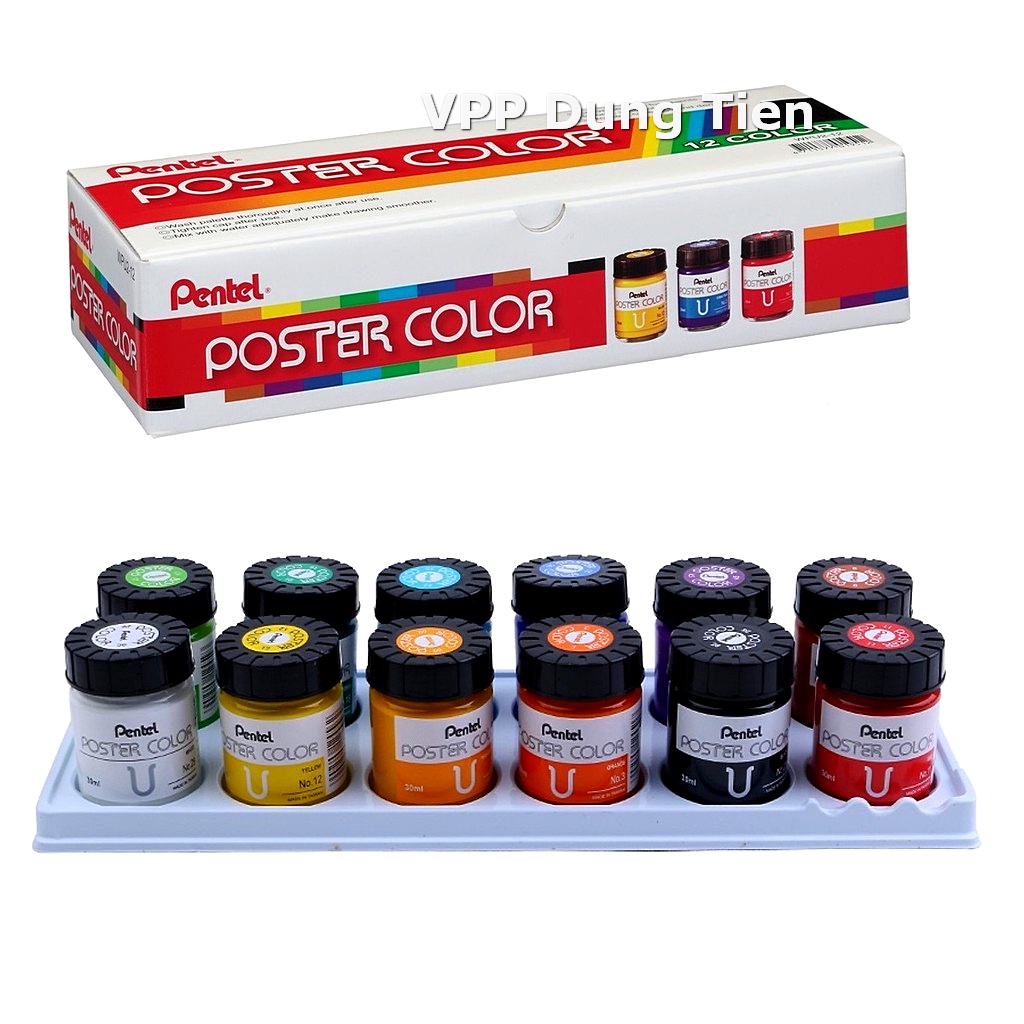 Bộ Màu Nước, Màu Poster Color Pentel 12 màu WPU2-12 Lọ Thủy Tinh 30ml/, Lọ Nhựa 12ml- CHÍNH HÃNG