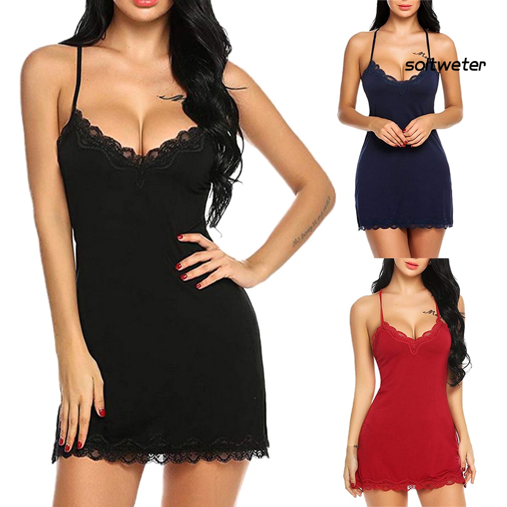 Đầm ngủ mini cổ chữ V màu trơn phối ren plus size quyến rũ cho nữ | BigBuy360 - bigbuy360.vn