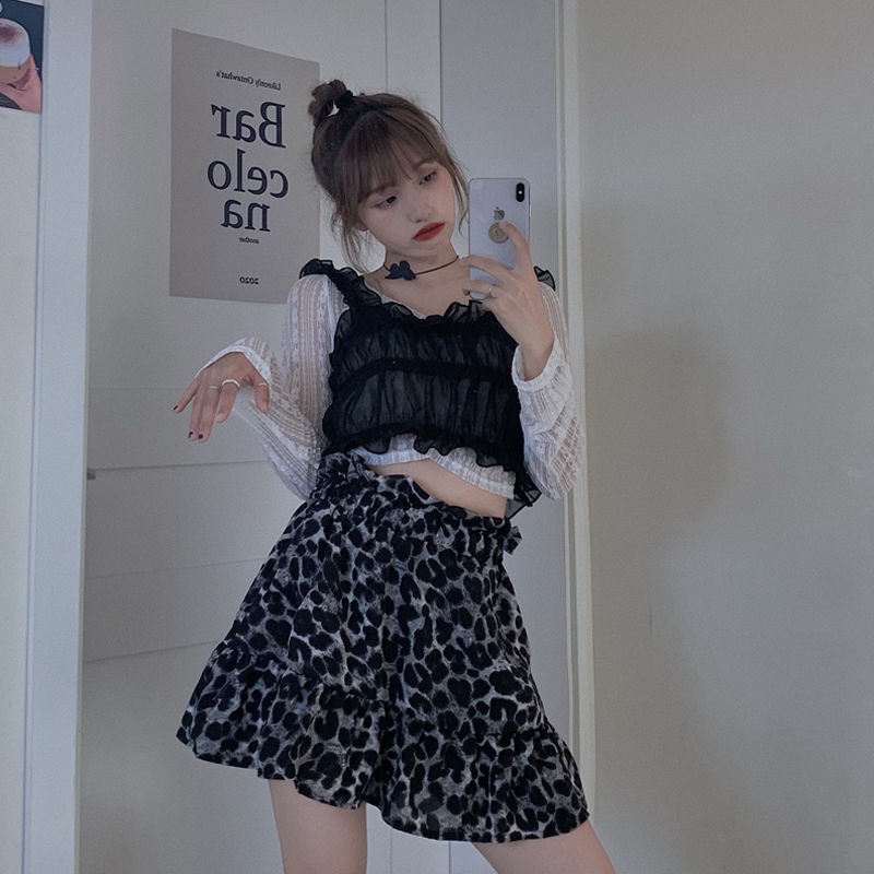 Jiashucheng Bộ Áo Ren Dài Tay + Chân Váy In Họa Tiết Da Báo Phong Cách Mới Cho Nữ
