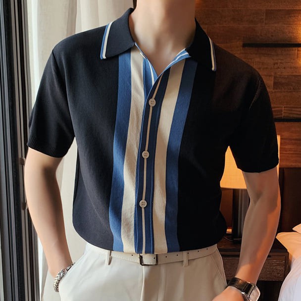Áo Polo Nam Phối Cúc Kẻ Sọc Tay Lỡ Vải Cá Sấu Cotton Xuất Xịn, Chuẩn Form - Verano