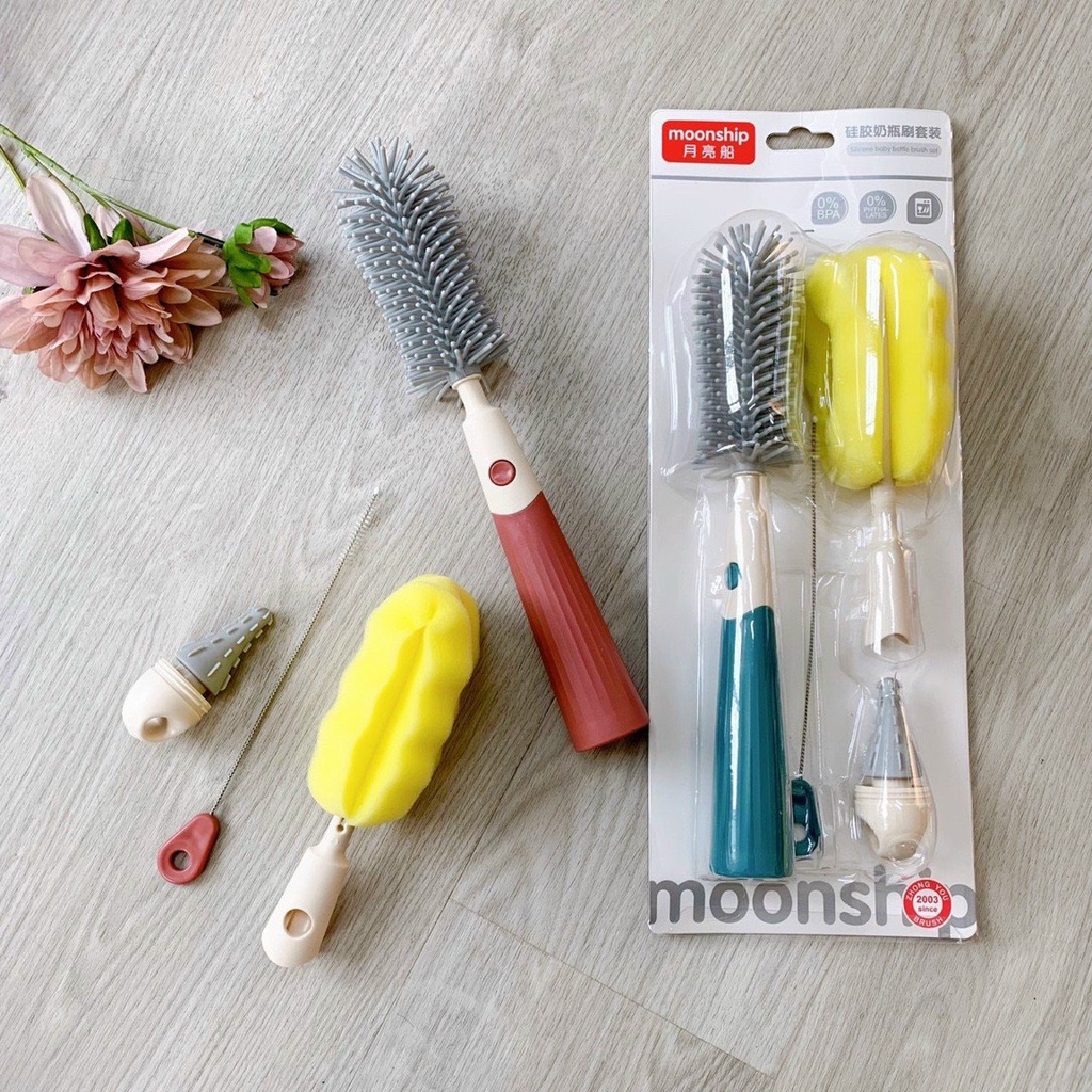 Cọ bình sữa Silicon 4 chi tiết Moonship thế hệ mới thay đầu cọ dễ dàng Bunakids CB03