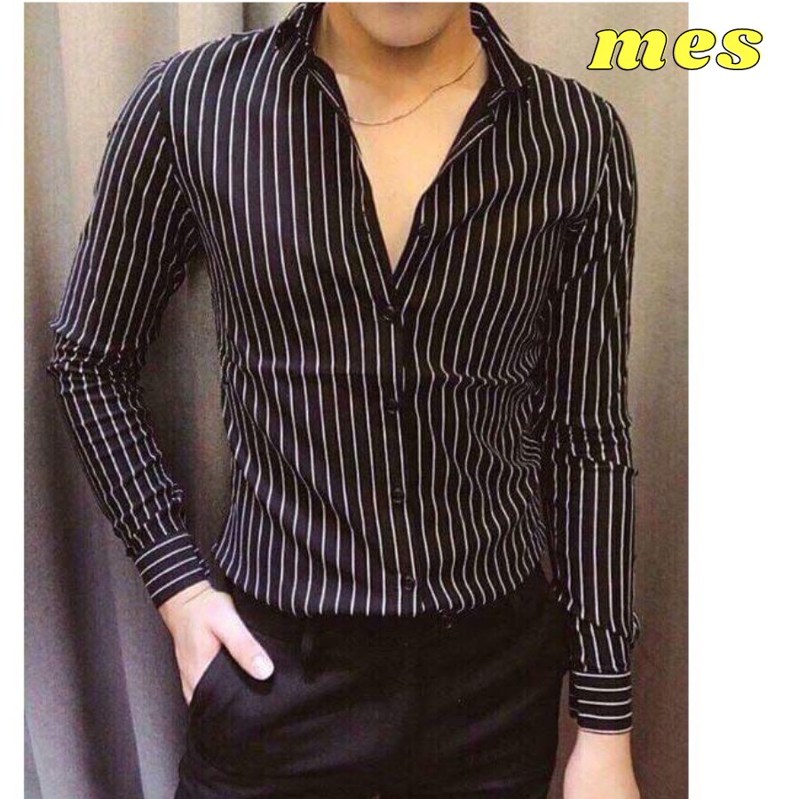 Áo Sơ Mi Nam Hàn Quốc Kẻ Sọc body Trơn Chất Vải Xịn Mát Chống Nhăn