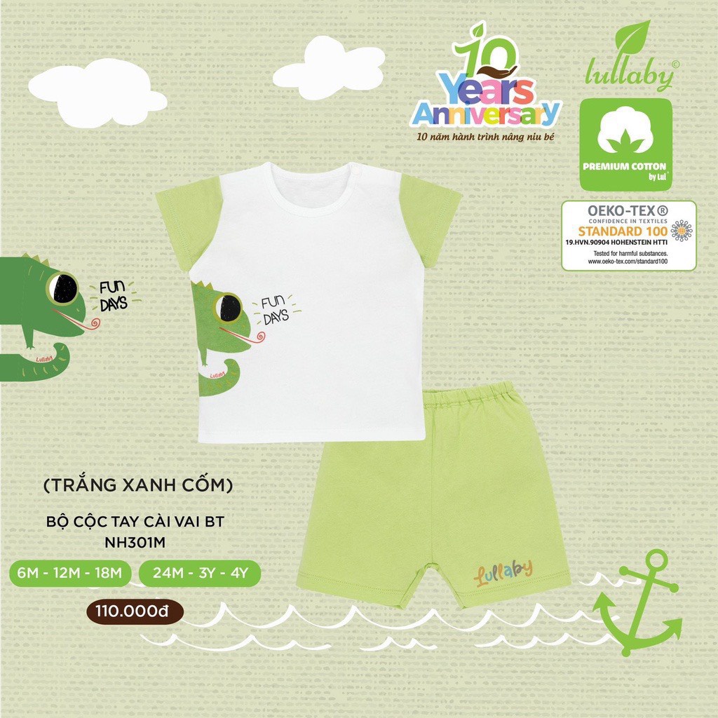 [CHÍNH HÃNG]Bộ cộc tay cài vai quần đùi họa tiết bé trai cotton cao cấp Lullaby chính hãng