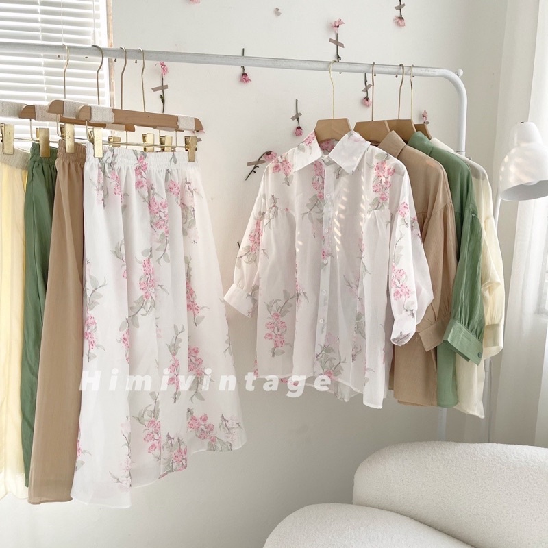 Set váy hoa nhí trắng tơ xước bèo tiểu thư