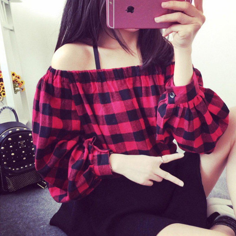 Áo Kiểu Trễ Vai Tay Dài Hoạ Tiết Sọc Ca-Rô Cho Phái Nữ