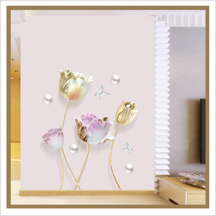 Decal dán tường trang trí - BÔNG HỒNG VÀNG BƯỚM HIỆN ĐẠI THANH TAO