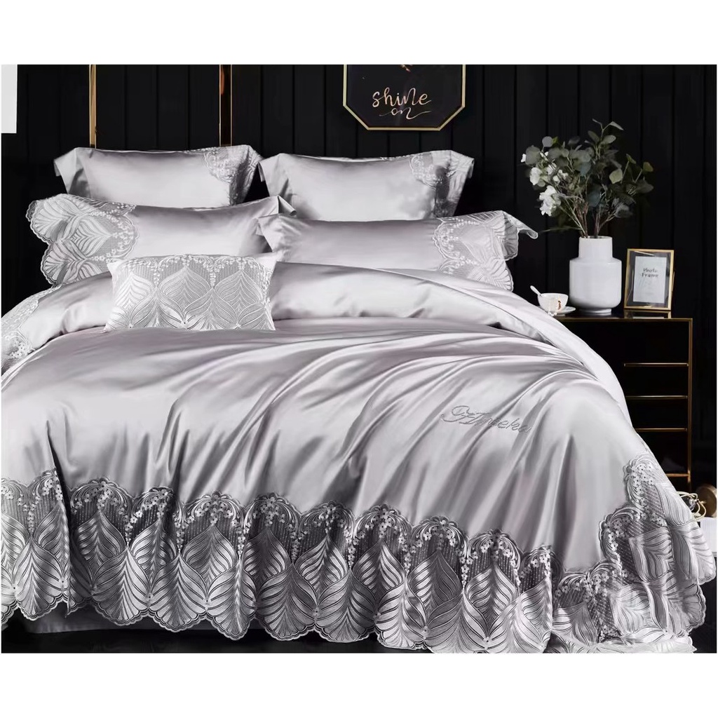 Bộ chăn ga N'HOME lụa tơ tằm lót cotton satin cao cấp +ren nhập khẩu 8 món đủ size siêu mát chăn GLSM108