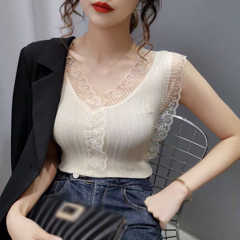Women Casual Sleeveless Lace Knitted Splice Tops V Neck Hollow Out Pullover Vest | BigBuy360 - bigbuy360.vn