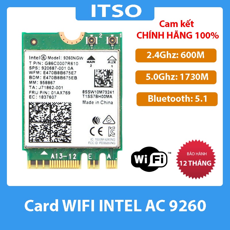 Card WIFI Intel AC7260 AC8260 AC9260 AX200 AX210 khe M2 cho laptop - Thiết bị thu wifi cho máy tính