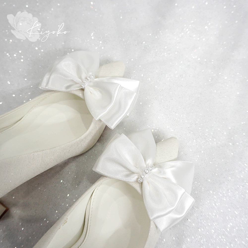 Giày cưới Kiyoko gót vuông đính nơ satin 3 tầng cao 10cm