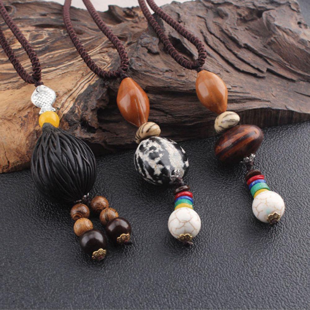 Vòng cổ Handmade Đính Hạt Gỗ Hình Quả Chuối/Cá Phong Cách Phật Giáo Nepal Cổ Điển