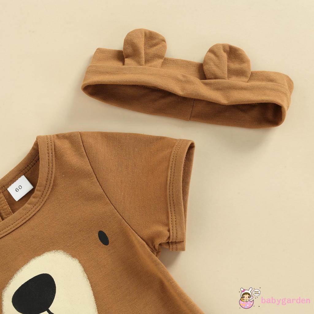 Bộ áo liền quần cổ tròn tay cộc in hình gấu hoạt hình + băng đô cho bé trai 0-18 tháng tuổi