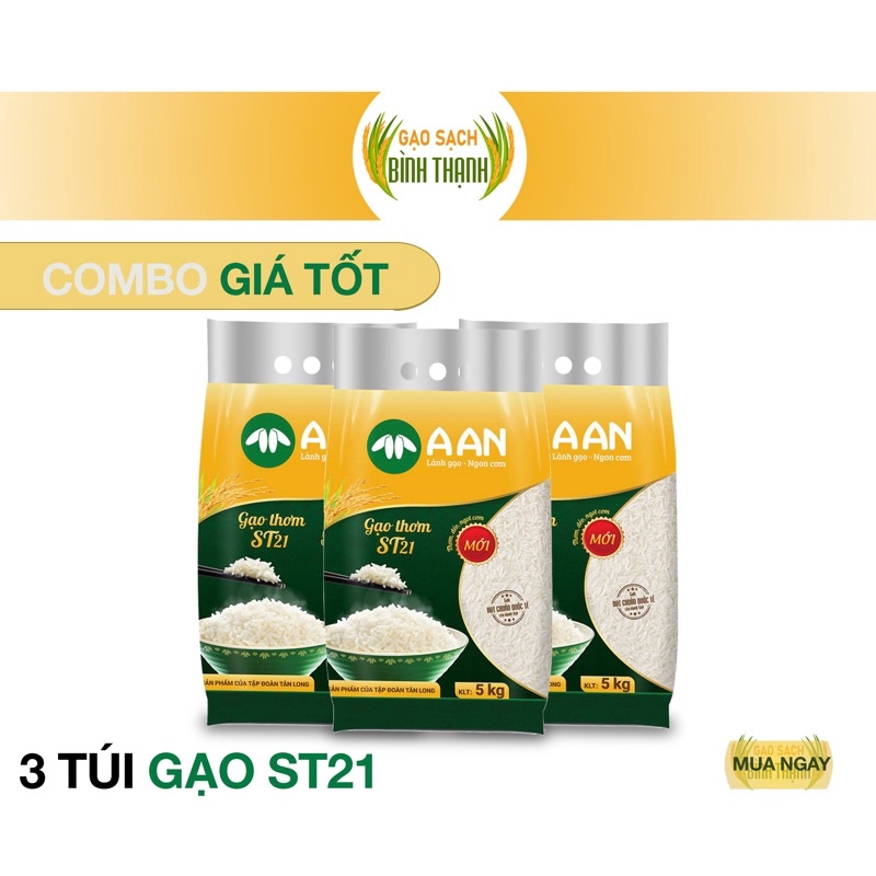 Combo 3 túi gạo Thơm ST21 A AN mỗi túi 5Kg - Đặc sản Sóc Trăng - Thơm hoa lài nhẹ, cơm ngọt, rất dẻo, để nguội vẫn mềm