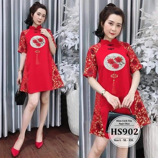 ĐẦM BIGSIZE CÁCH TÂN HOA CÁT TƯỜNG ĐÓN TẾT-MÀU ĐỎ VÀNG-SIZE L,XL,XXL