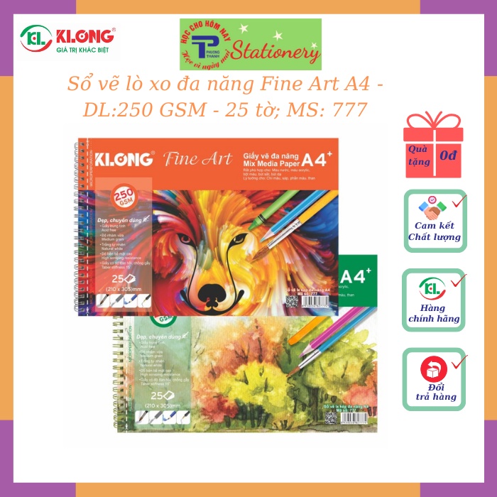 Vở vẽ lò xo Klong màu nước Artwork A4 -250GSM +- 25% cotton - 25 tờ; MS: 777
