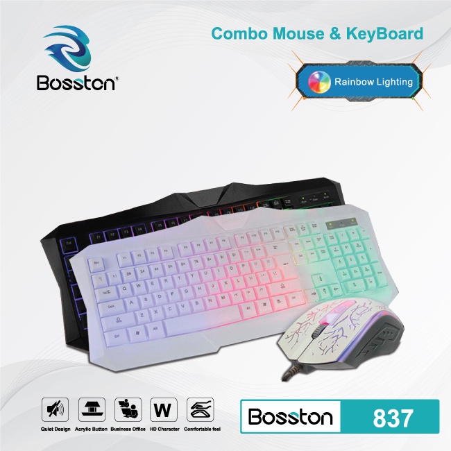 BỘ BÀN PHÍM CHUỘT BOSSTON 837 CÓ LED NỀN ,  CHUYÊN GAME Tặng kèm Lót Chuột LOGITECH.