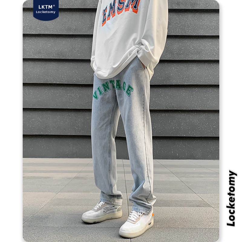 Quần jeans ống suông Hàn Quốc #G087 họa tiết Vintage
