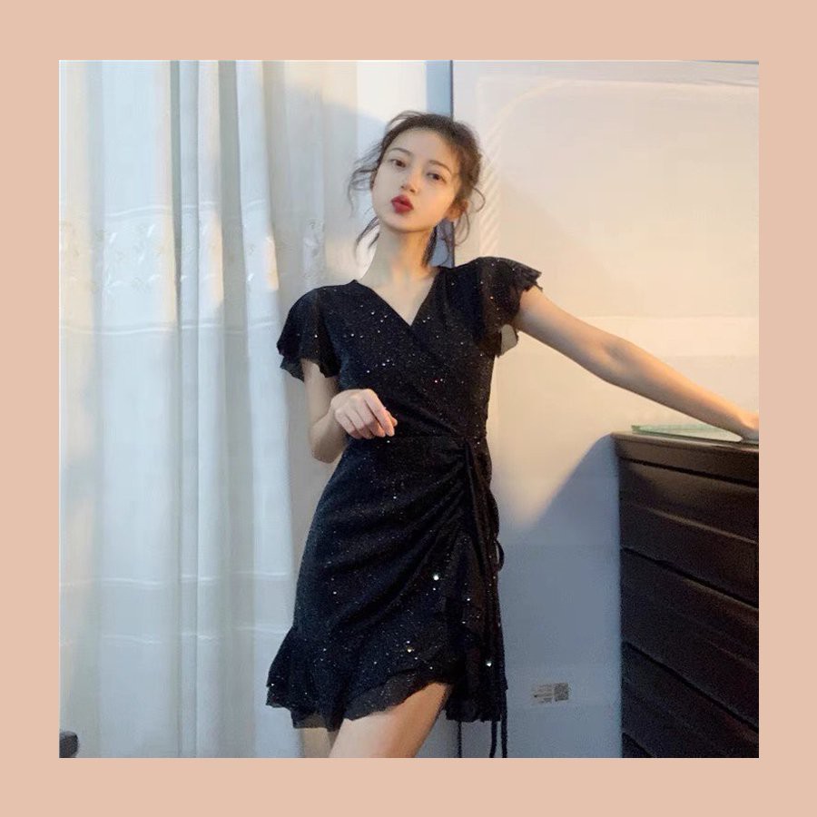 Váy Body Dáng Ôm Ngắn Cổ V Lấp Lánh Blink Blink Thắt Nơ Thời Thượng Phong Cách V00133