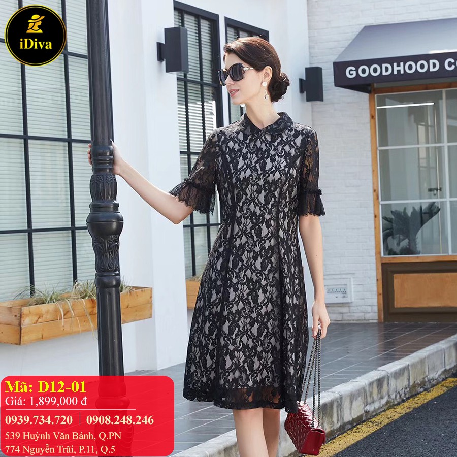 Đầm suông trung niên iDiva D12-01 chất liệu ren cao cấp, bigsize phù hợp u50 dự tiệc & du lịch