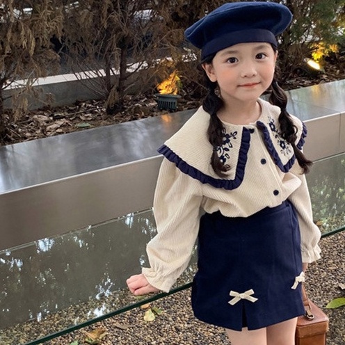 Aiyaya Bộ Áo Tay Dài Phối Ren + Chân Váy Ngắn Phong Cách Hàn Quốc Thời Trang Cho Bé Gái