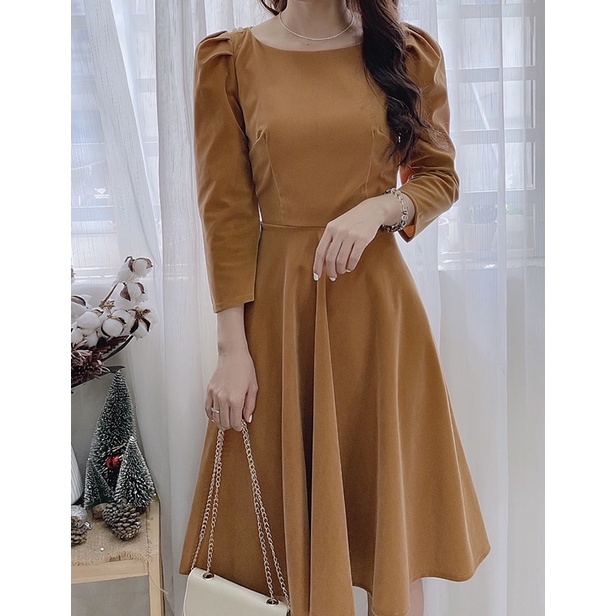 Đầm nhung tay dài dáng xoè 2 màu Đỏ/Nâu | BigBuy360 - bigbuy360.vn