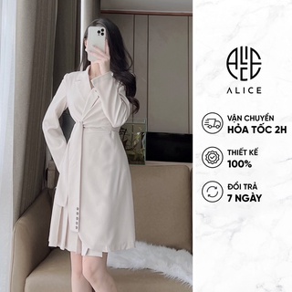 Váy công sở cổ vest chân váy dập ly alice kèm dây thắt eo cách điệu phong cách lịch sự trẻ trung chất chéo kaki hàn v866