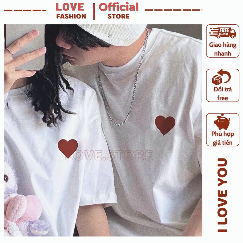 Áo cặp đôi, áo thun nam nữ tay lỡ áo đôi in HÌNH TRÁI TIM ĐỎ