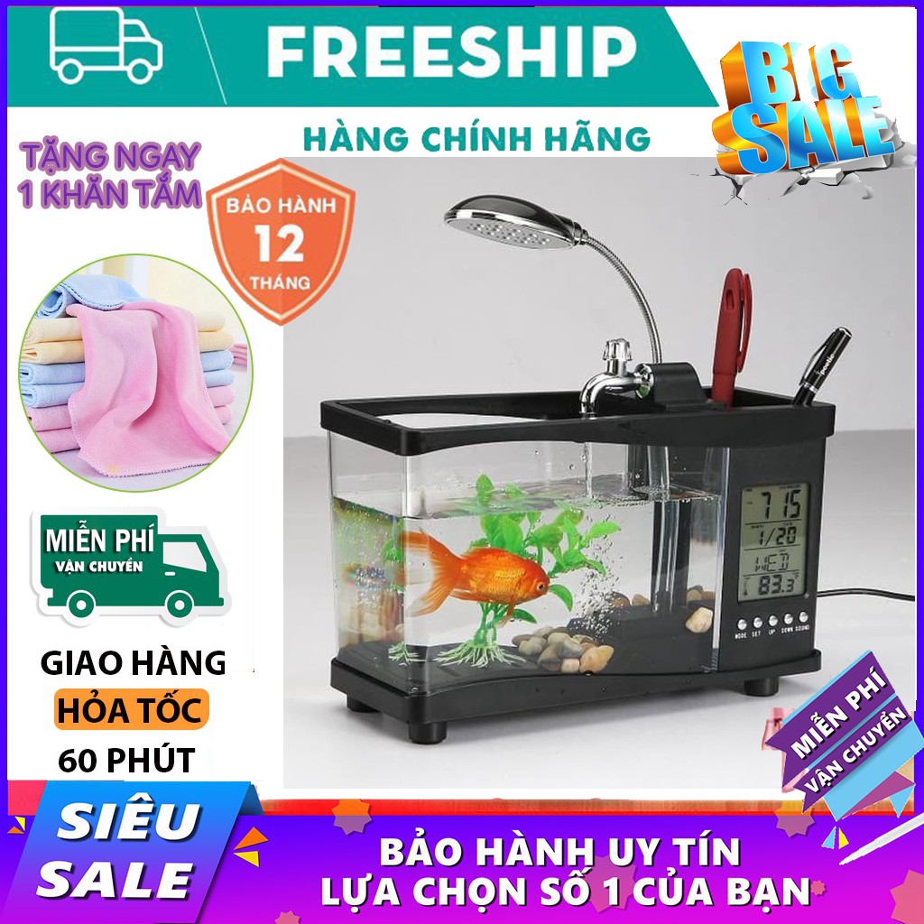Hồ Cá Cảnh 💥Bể Cá Mini💥 Để Bàn Kiêm Đồng Hồ Siêu Đẹp (Tặng Kèm Đá Và Cây Cảnh) siêu sale