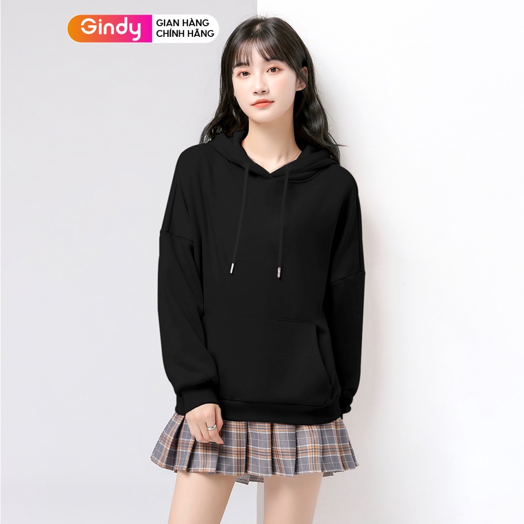 Áo hoodie nỉ bông trơn nữ GINDY dài tay basic form rộng màu trắng và đen chất nỉ thời trang thu đông ấm áp A040