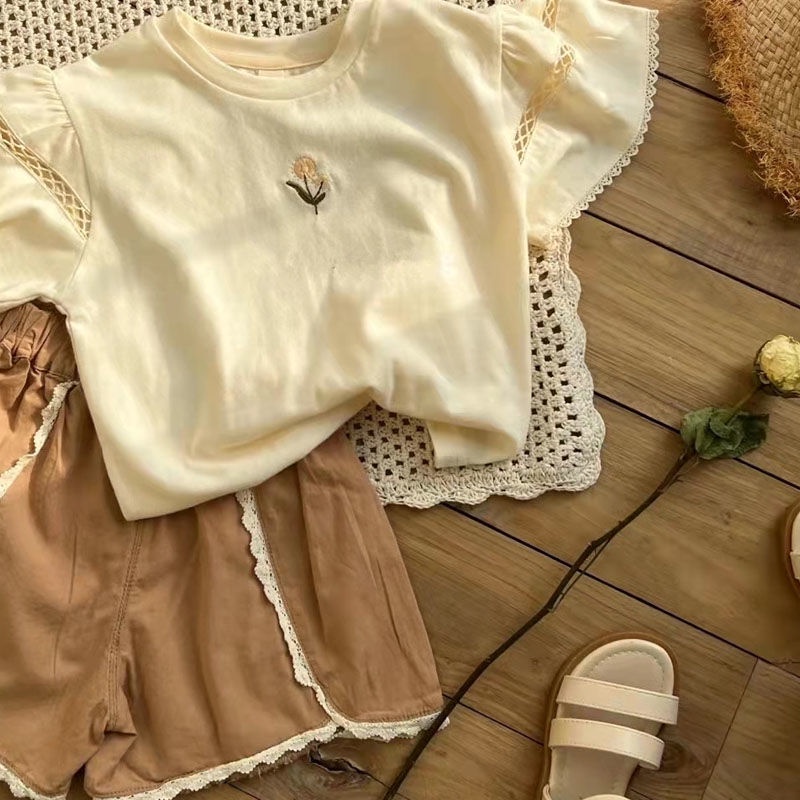 Set Đồ Mùa Hè 5 Món Gồm Áo Tay Cộc Và Quần Ngắn Thêu Họa Tiết Phong Cách Hàn Quốc Hợp Thời Trang Cho Bé Gái