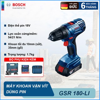 Máy khoan vặn vít dùng pin Bosch GSR 180-LI + Bộ phụ kiện Mới