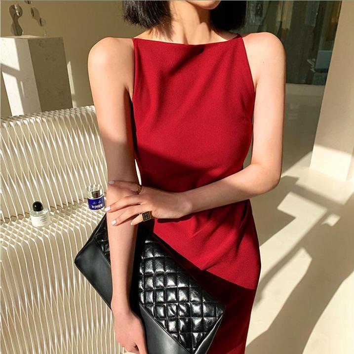 Đầm Đỏ Dài Không Tay Xẻ Tà Bên Hông Thanh Lịch Đơn Giản Dành Cho Nữ
