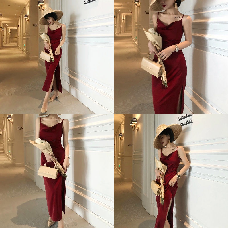 Đầm Dự Tiệc Đỏ Hai Dây Dáng Ôm Sexy Đầm Sang Trọng Váy Dài Xẻ Tà Tiểu Thư Phong Cách Pháp