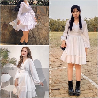 Váy Đầm Babydoll Dáng Xoè Tầng Tay Dài Trắng Cổ Tim - Mimi Dress