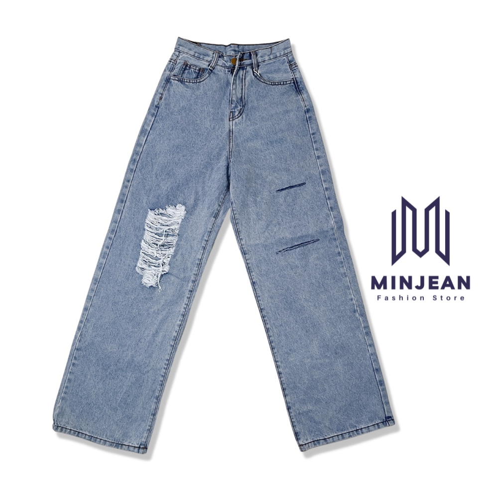 Quần Jean Nữ Ống Rộng Lưng Cao Phủ Gót MINJEAN M4007, Quần Baggy Nữ Rách Phom Ống Suông Dài Siêu Hack Dáng