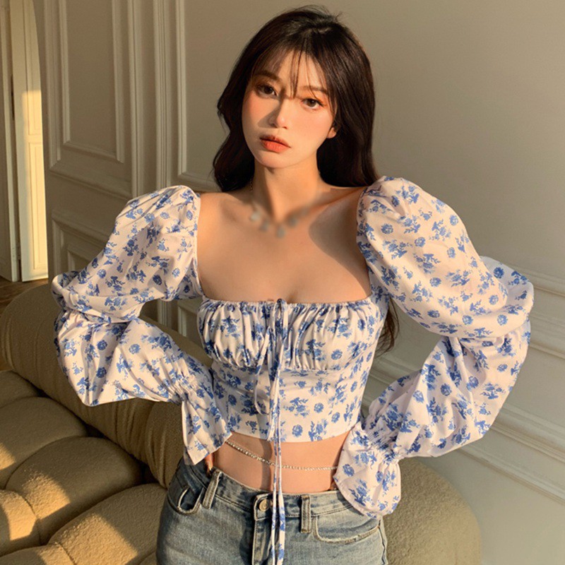 Áo Kiểu Tay Phồng Cổ Vuông Họa Tiết In Hoa Hợp Thời Trang Cho Nữ