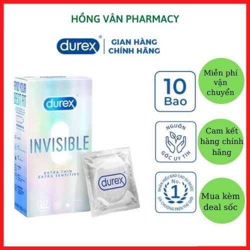 Bao cao su Durex INVISIBLE Siêu Mỏng (10Bao/hộp), Siêu mỏng cho cảm giác chân thật nhất (Có che tên khi giao hàng)