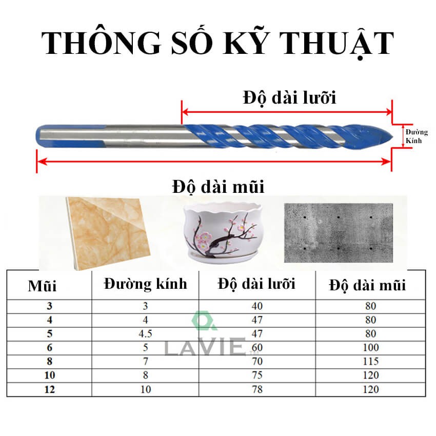 Mũi khoan bê tông đa năng sơn chống gỉ cao cấp khoét lỗ tường, khoan gỗ, khoan gạch men đường kính 4/5/6/8/10/12mm