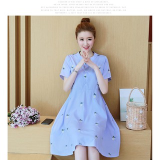 Đầm Bầu Kẻ Sọc Xanh Thêu Hoa