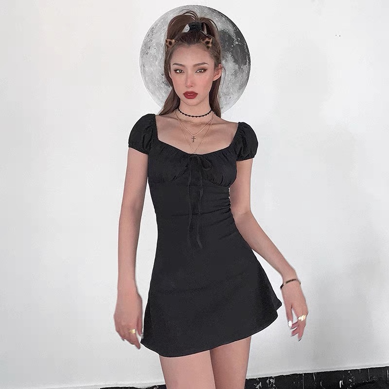 Váy xòe chữ A cổ vuông nhún ngực tay bồng màu đen WANAWEAR đầm ôm body trễ vai sexy quyến rũ hàng quảng châu cao cấp