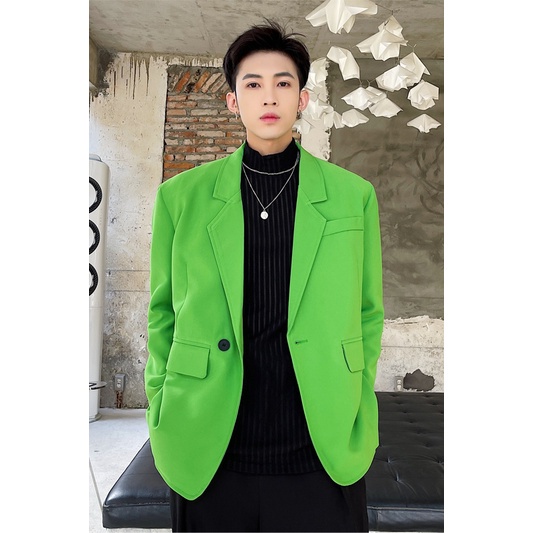 Áo khoác màu xanh lá dạ quang dáng rộng phong cách Hàn Quốc thời trang cho nam
